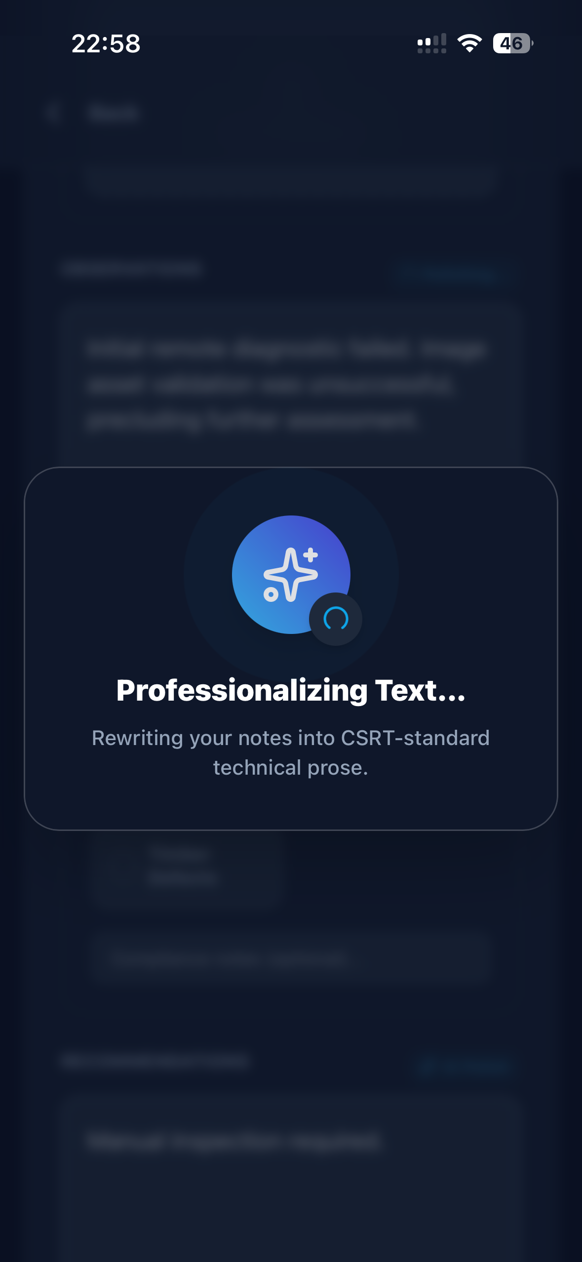 DampApp Pro AI wording screen turning survey notes into editable report text