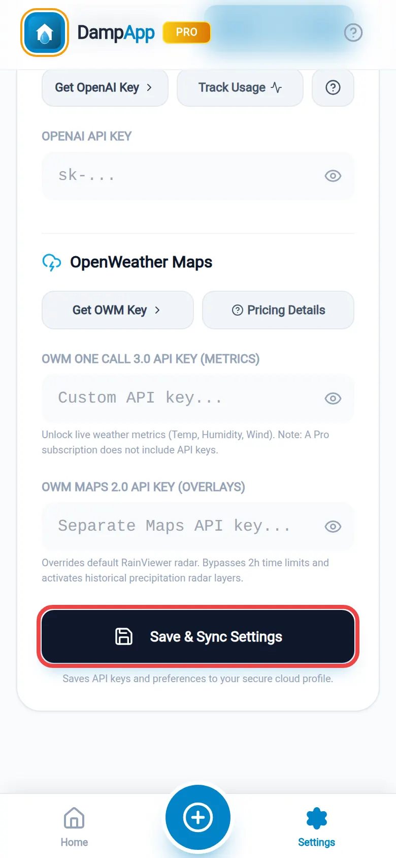 The Save & Sync Settings button ringed in red
