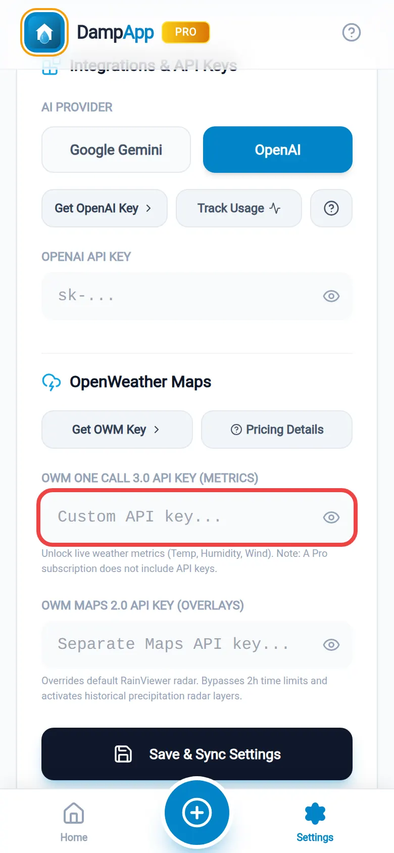 The first weather key box ringed in red on the Integrations screen