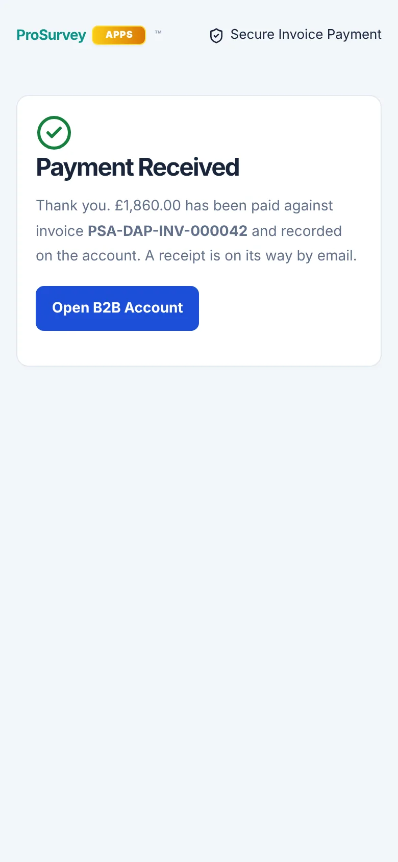 The Payment Received page after paying by card, thanking the payer and confirming a receipt is on its way by email.