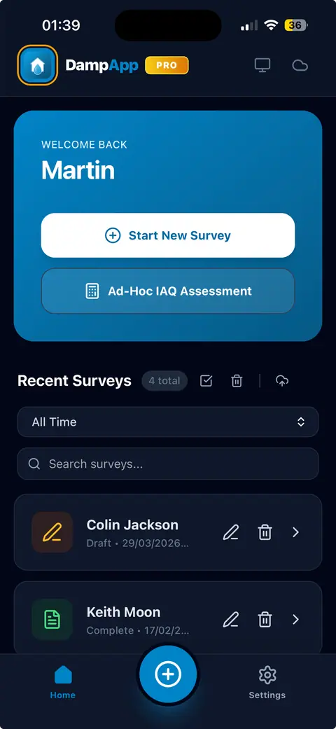 DampApp Pro survey dashboard on a mobile device